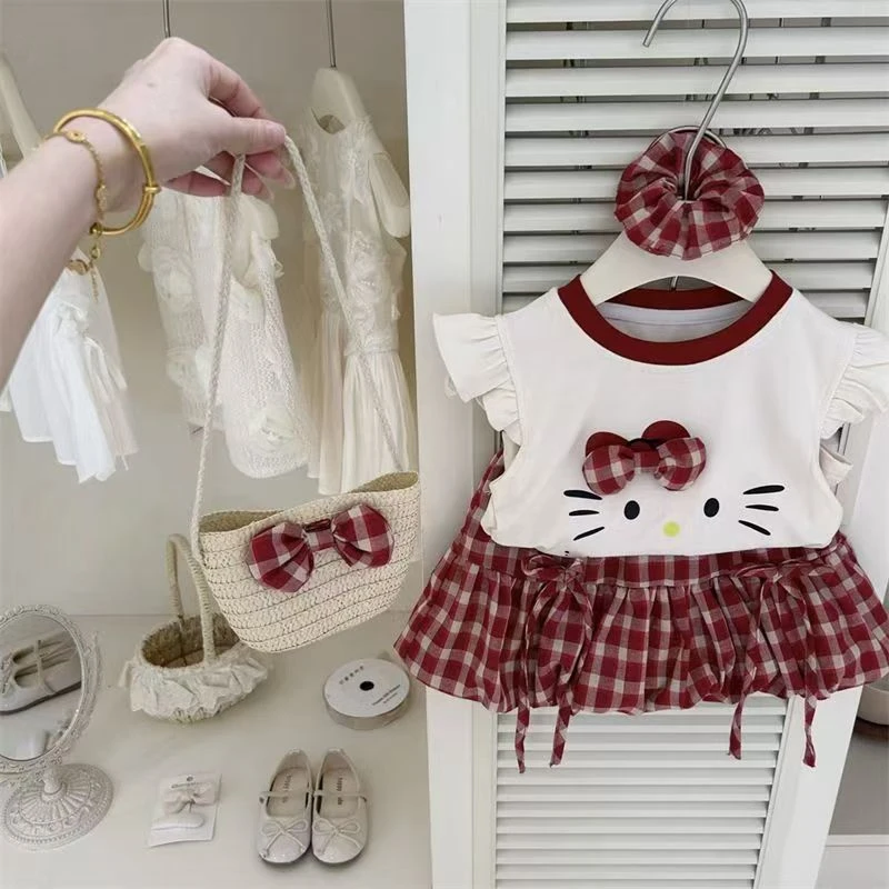女童夏新款红色KT猫蝴蝶结背心格子套装时髦洋气可爱女宝上衣裤子