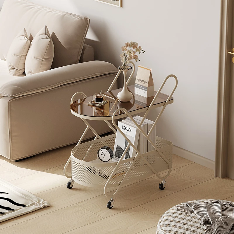 奶油风边几可移动小户型沙发茶几客厅创意零食置物架玻璃带轮推车
