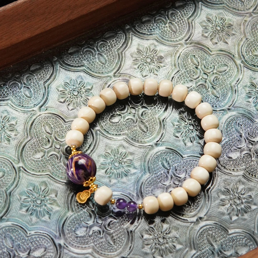 风起云涌 天然猛犸牙6*7mm单圈大漆手串