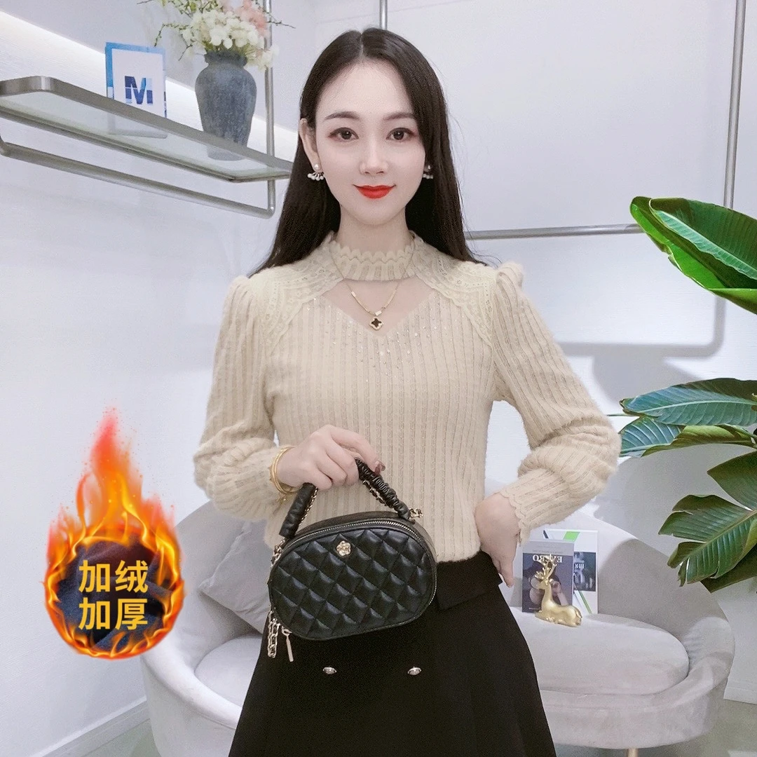 A5816高档加绒加厚植绒打底衫秋冬烫钻洋气名媛百搭保暖上衣