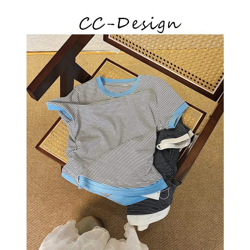 CAICAI-【元气条纹】小蛮腰显瘦条纹撞色针织衫短袖t恤女夏季147001