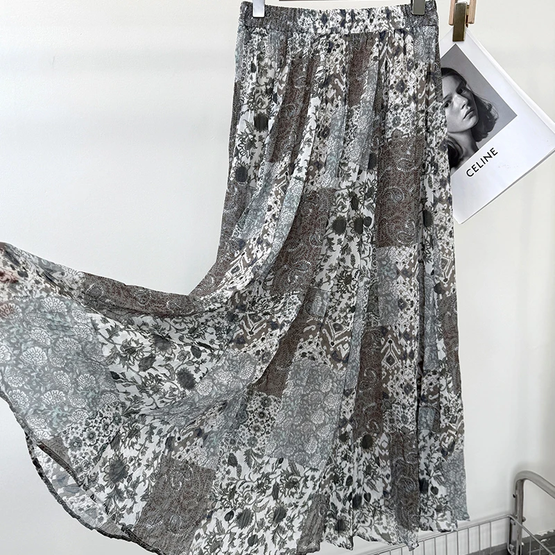 2871 新品雪纺纱灰色度假风高级感八片竖拼接大裙摆褶皱半身裙