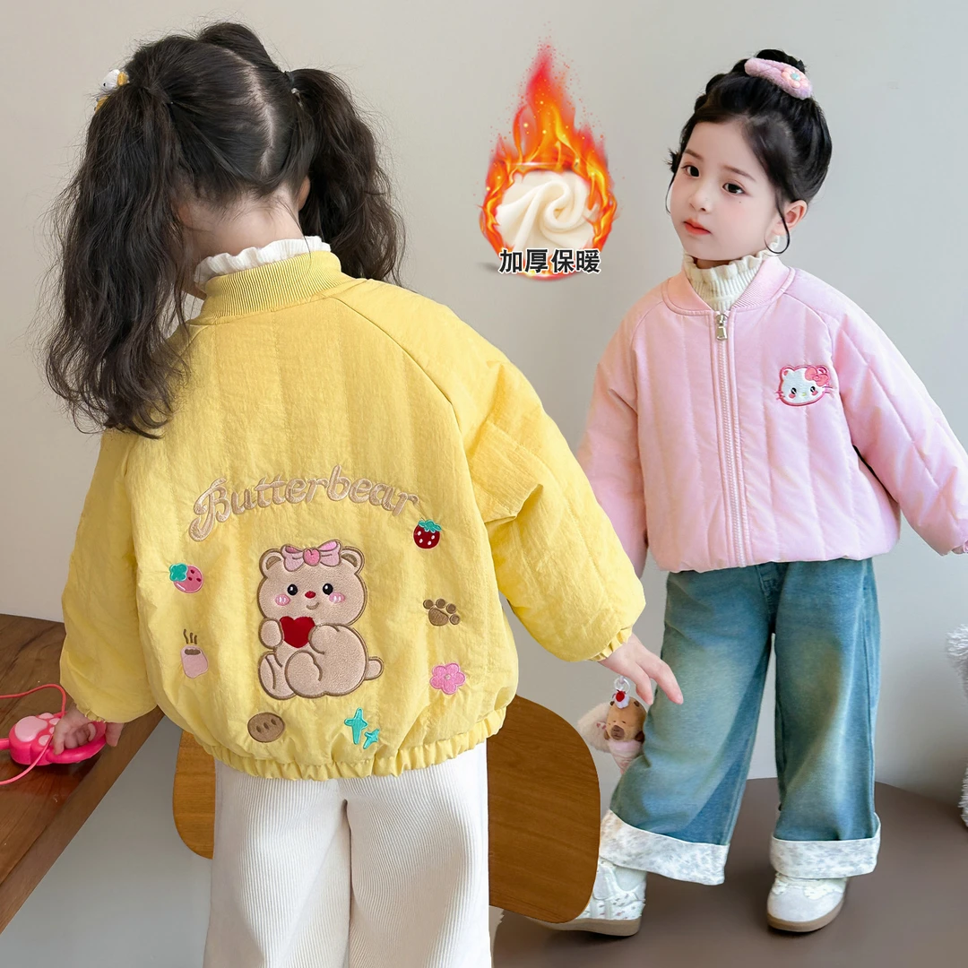 女童秋冬新款棉衣外套2025女宝宝卡通夹棉加绒棒球棉服加厚夹克衫