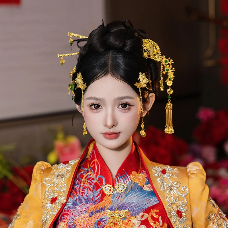 合金婚庆饰品 金色新娘秀禾减龄中式贵气俏皮蝴蝶流苏头饰MT0190