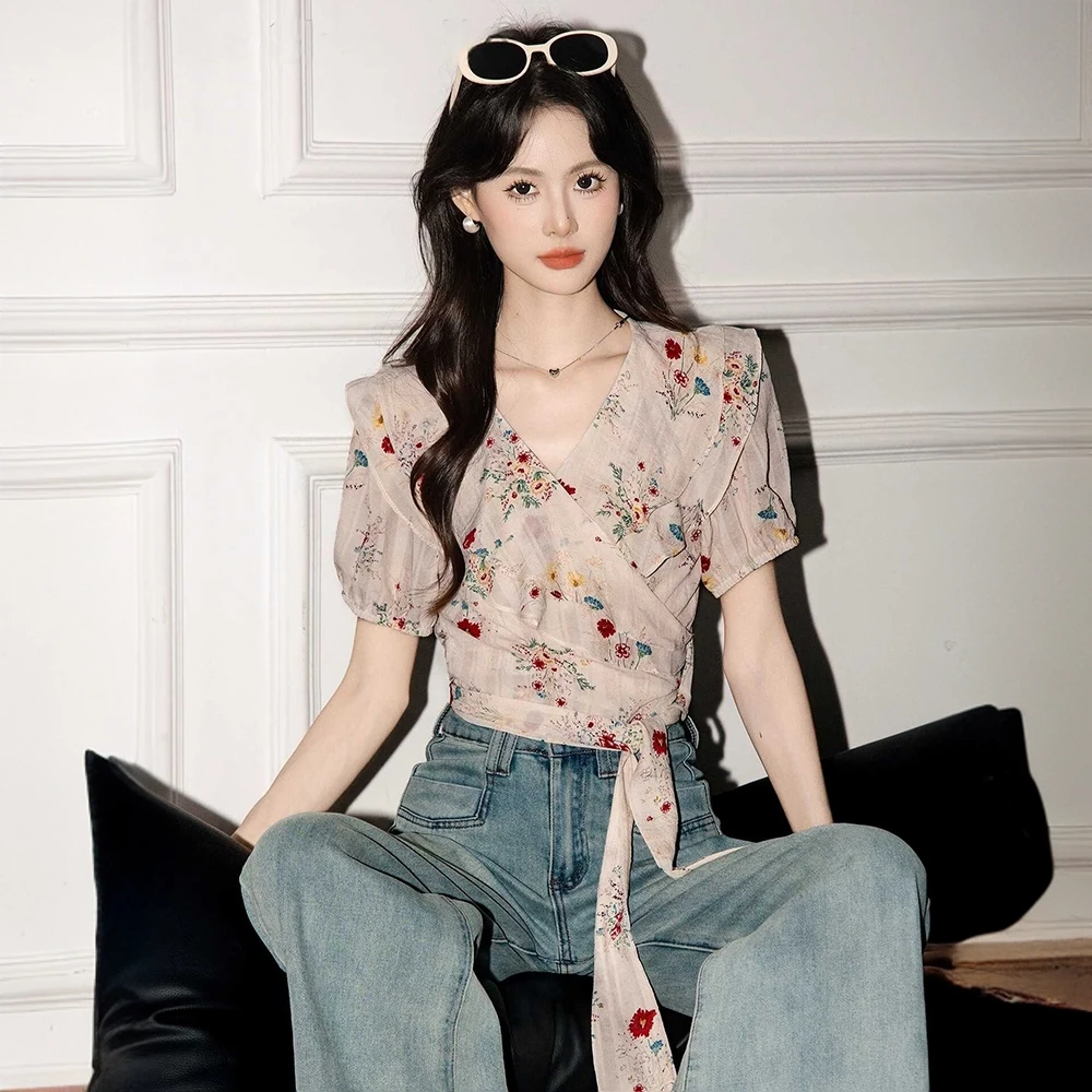 法式复古V领荷叶边印花绑带短袖雪纺衬衫2025夏季短款碎花衬衣女