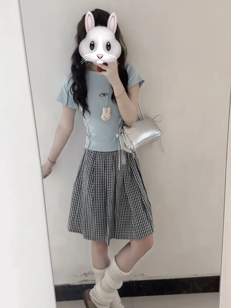 韩版学院风格纹半身裙女夏季2025新款小个子高腰显瘦百搭中裙超仙