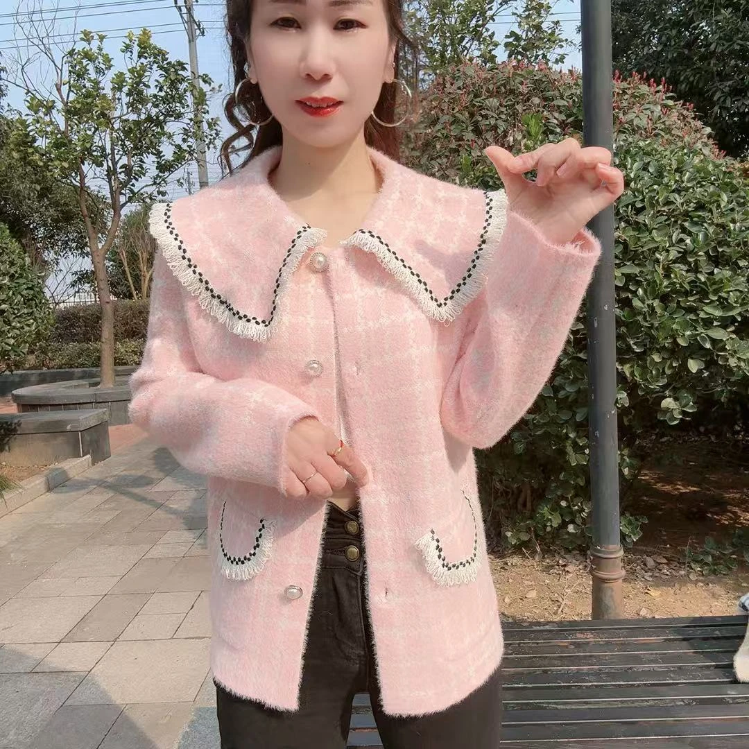 新品娃娃领小香风外套春秋款格子开衫时尚显瘦爆款水貂毛上衣女