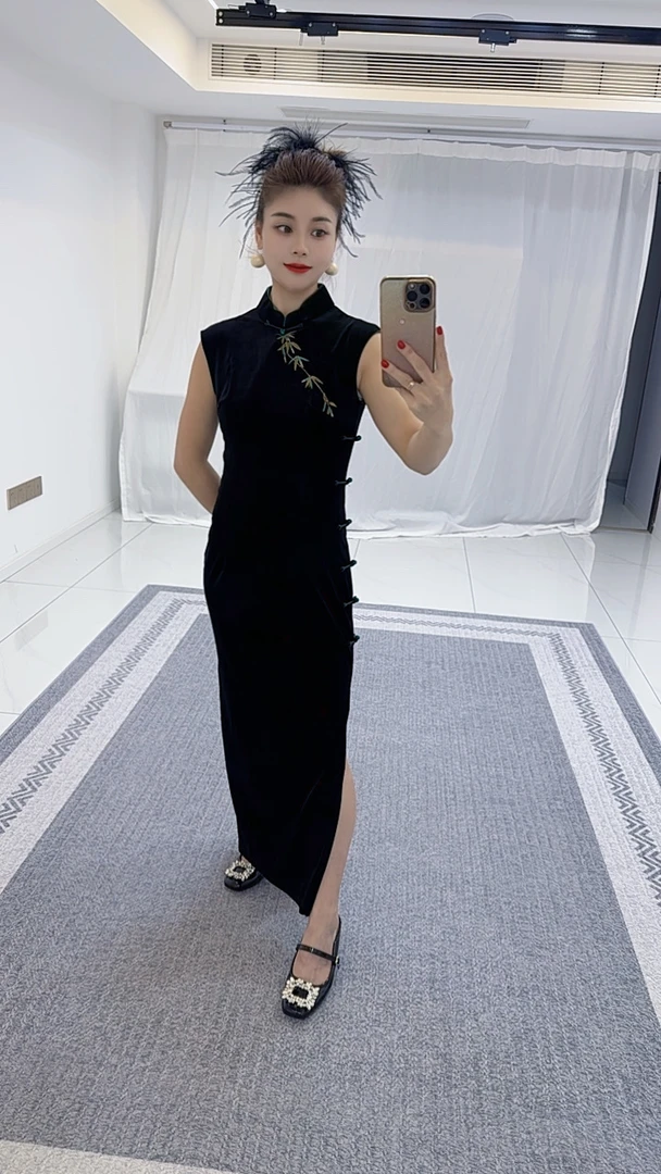 绿竹叶显瘦高腰裙性感无袖旗袍修身日常中国风一字扣