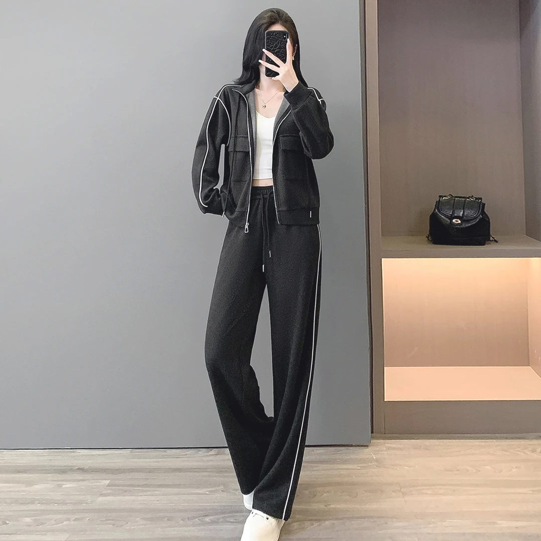 2025新款秋季长袖时装上衣运动宽松休闲风时尚套装高腰阔腿裤两件