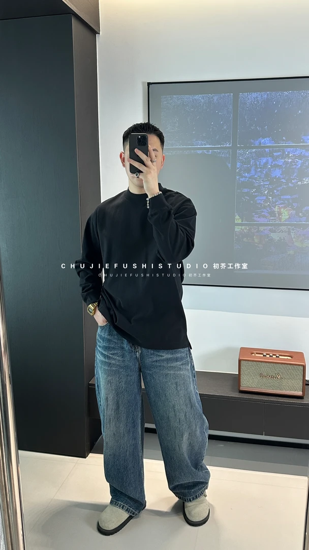 CHUJIE韩版时尚休闲百搭柔软舒适纯色简约圆领长袖T恤衫下摆开衩
