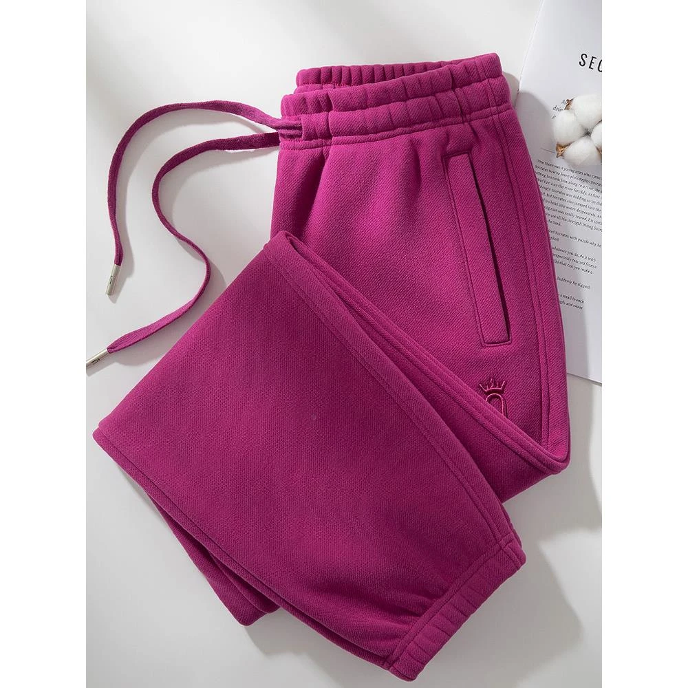 2025年新款加绒运动裤女秋冬火龙果色卫裤女春秋款高腰九分裤子女