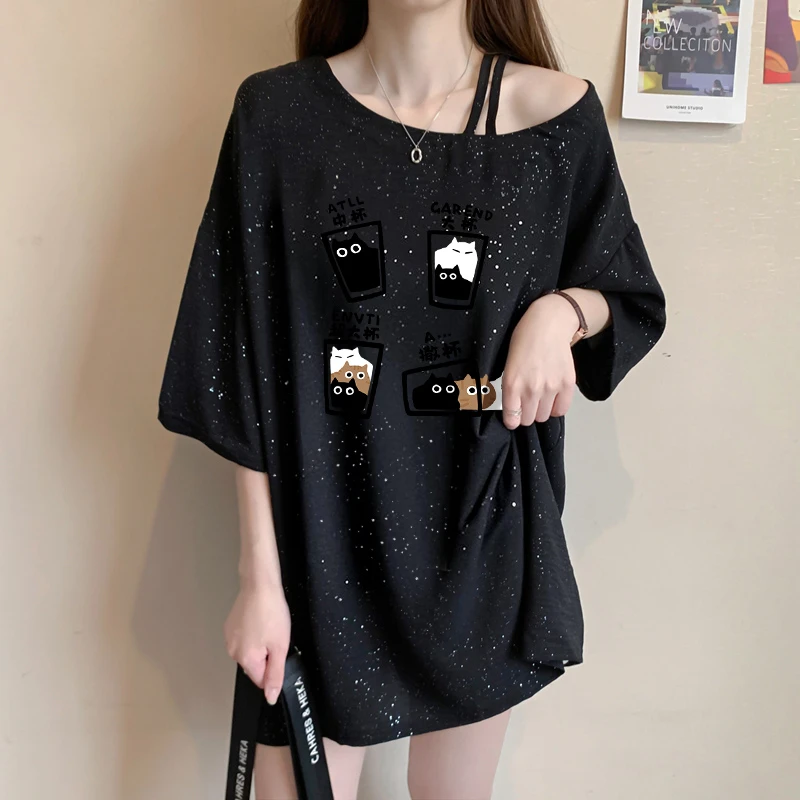 设计感小众斜肩短袖T恤女爆款韩版宽松大码显瘦亮闪闪卡通上衣服