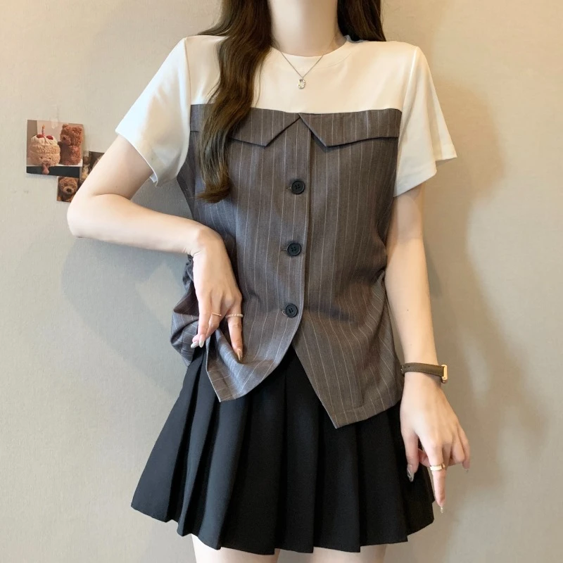 大码假两件衬衫拼接短袖T恤女夏季新款胖MM修身显瘦百搭洋气上衣