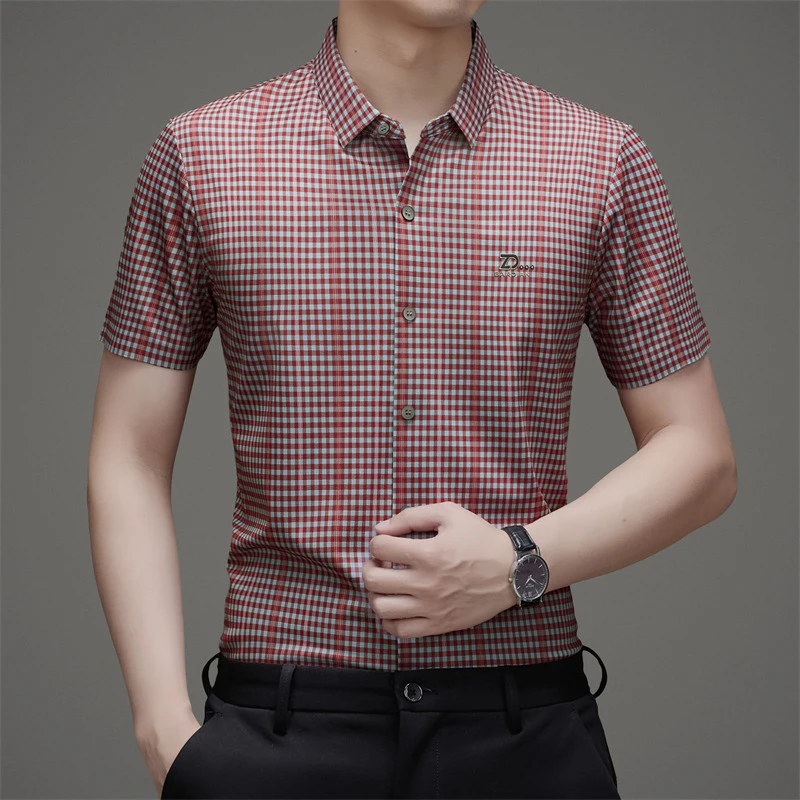 夏季冰丝男士短袖衬衫桑蚕丝格子亲肤薄款轻薄透气衬衣