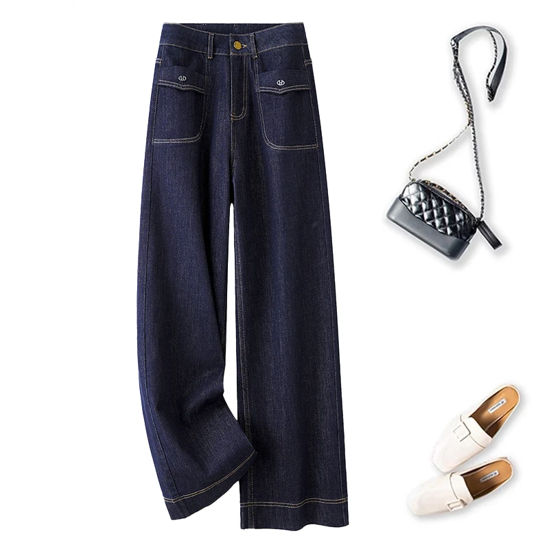 2025春季【防褪色】丹宁蓝高腰显瘦弹力宽松窄版阔腿裤女直筒牛仔裤