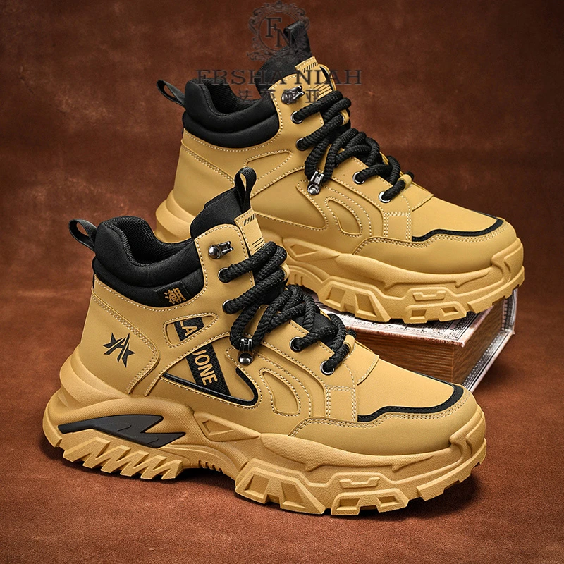 法莎尼亚男士马丁靴冬季款时尚厚底增高鞋潮流百搭保暖户外登山靴