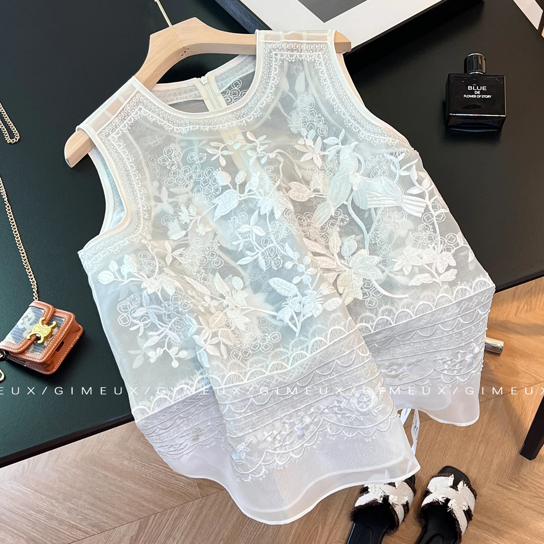 欧根纱国风复古重工刺绣外搭薄马甲女夏季2025新款中式无袖背心潮