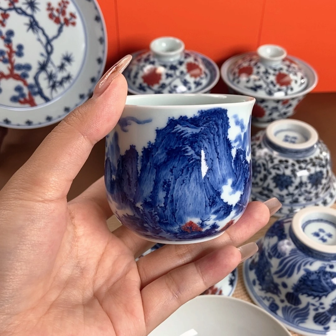 阳春白雪釉里红夏山图炉式杯