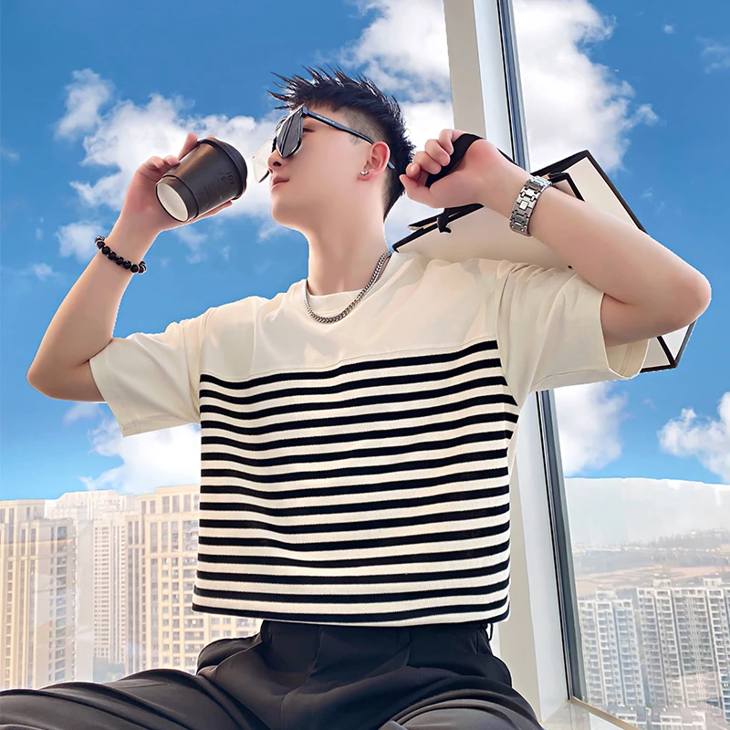 条纹男士短袖t恤夏季网红洋气炸街男装半袖爆款2025新款潮牌体恤