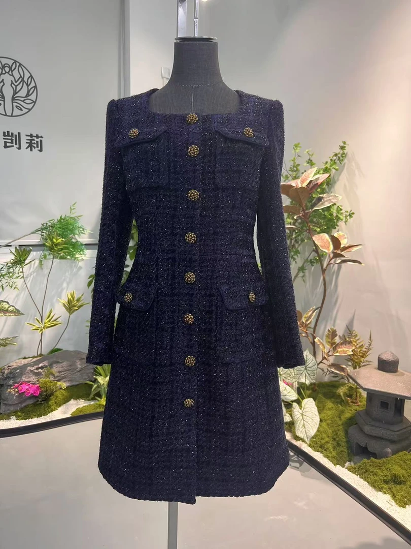 剀剀莉冬季（多瑙河）蓝色U型领保暖修身减龄气质长款连衣裙