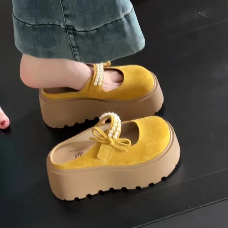 可爱蝴蝶结珍珠厚底增高玛丽珍拖鞋女2025春季新款防滑松糕包头拖
