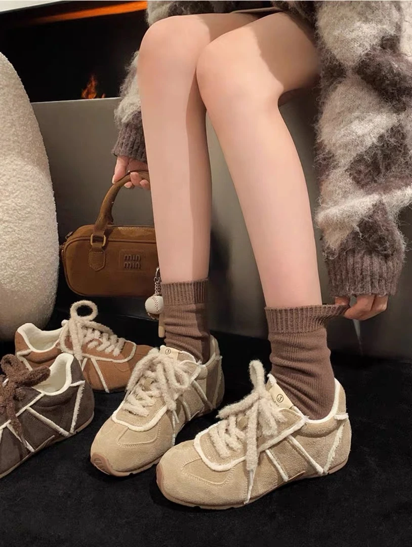 内增高复古德训加绒冬季2024新款软底休闲运动毛毛板鞋012-9