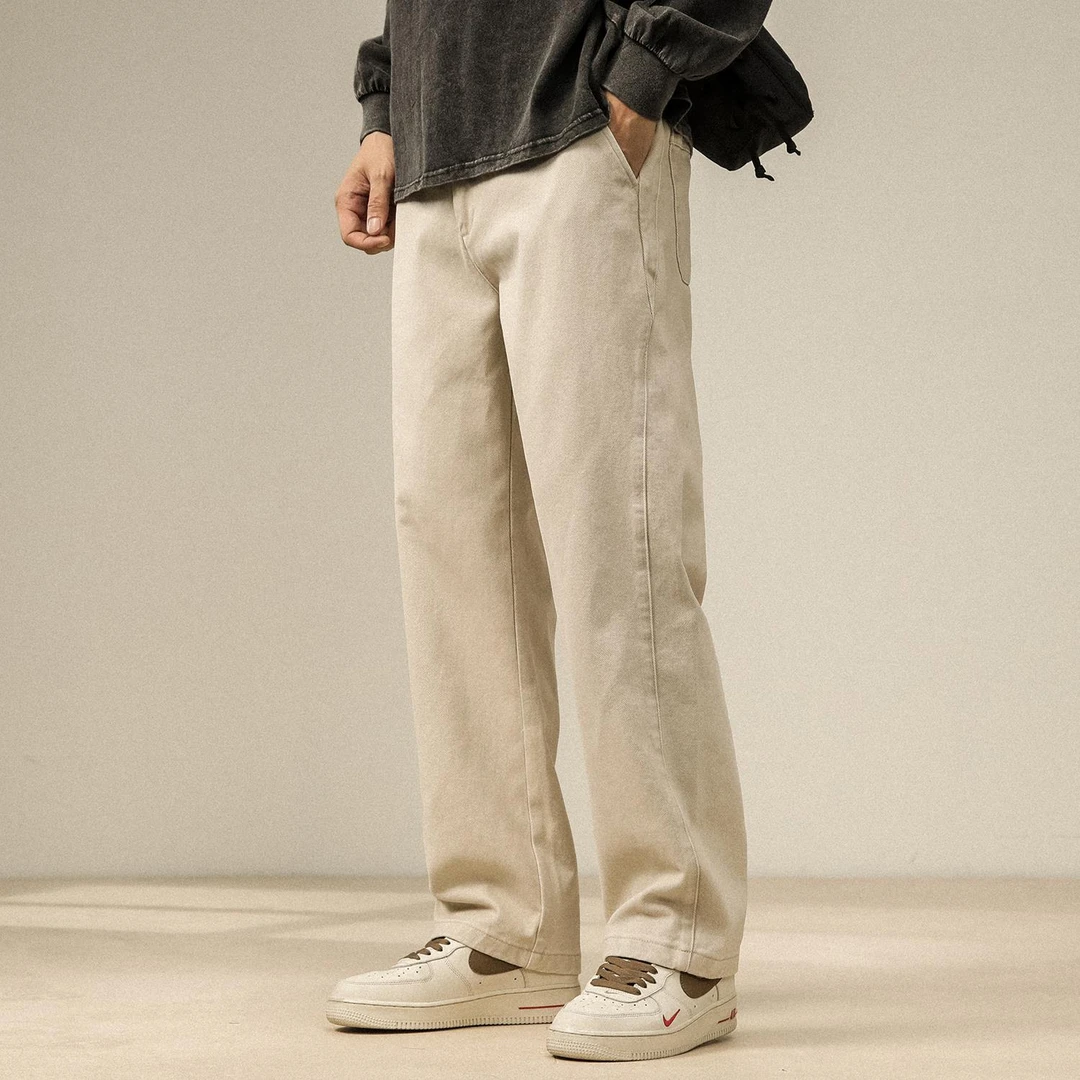 秋季新款直筒休闲裤男简约杏色纯棉阔腿裤宽松爆款加厚运动长裤子