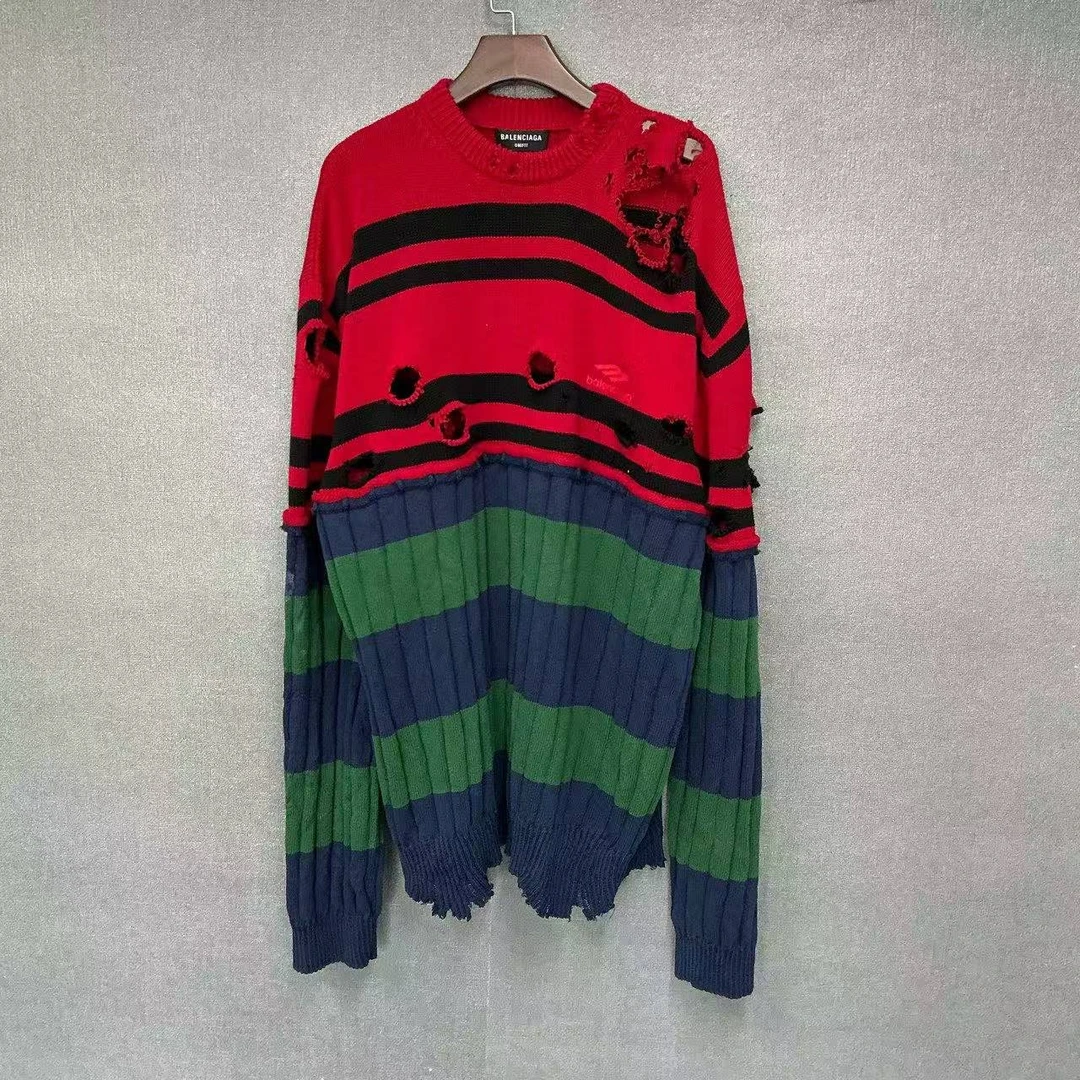 未使用 Balenciaga/巴黎世家 PM)3B刺绣破洞拼色毛衣带吊XS码7033