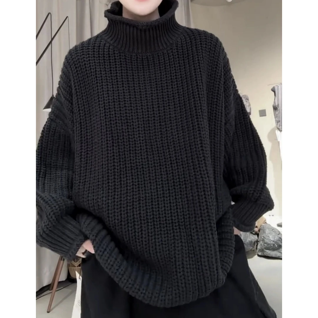 黑色慵懒风粗线高领套头毛衣2025秋季新款遮肉显瘦宽松上衣