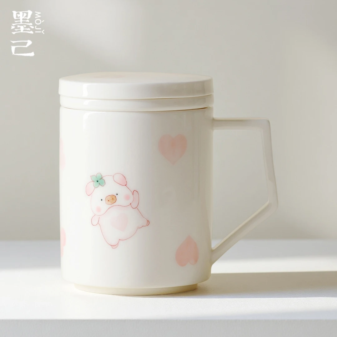 墨己手绘诸事大吉办公杯带盖内胆马克杯泡茶杯陶瓷水杯家用个人杯