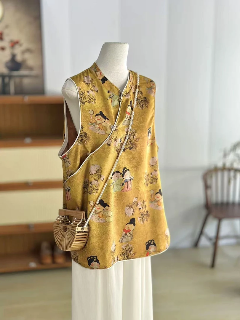 提花宽松型夏季斜襟新中式民族风文艺风中国风无袖通勤女背心