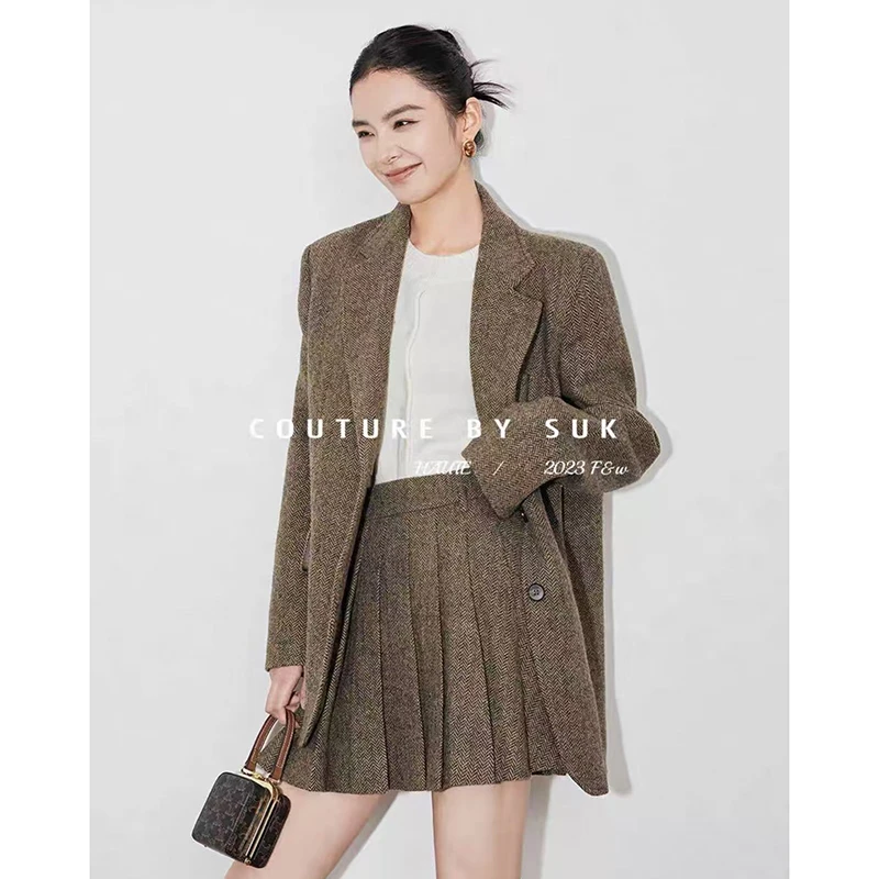Y1590#艺术高级感减龄西装外套2025秋季新款经典百褶裙两件套装女