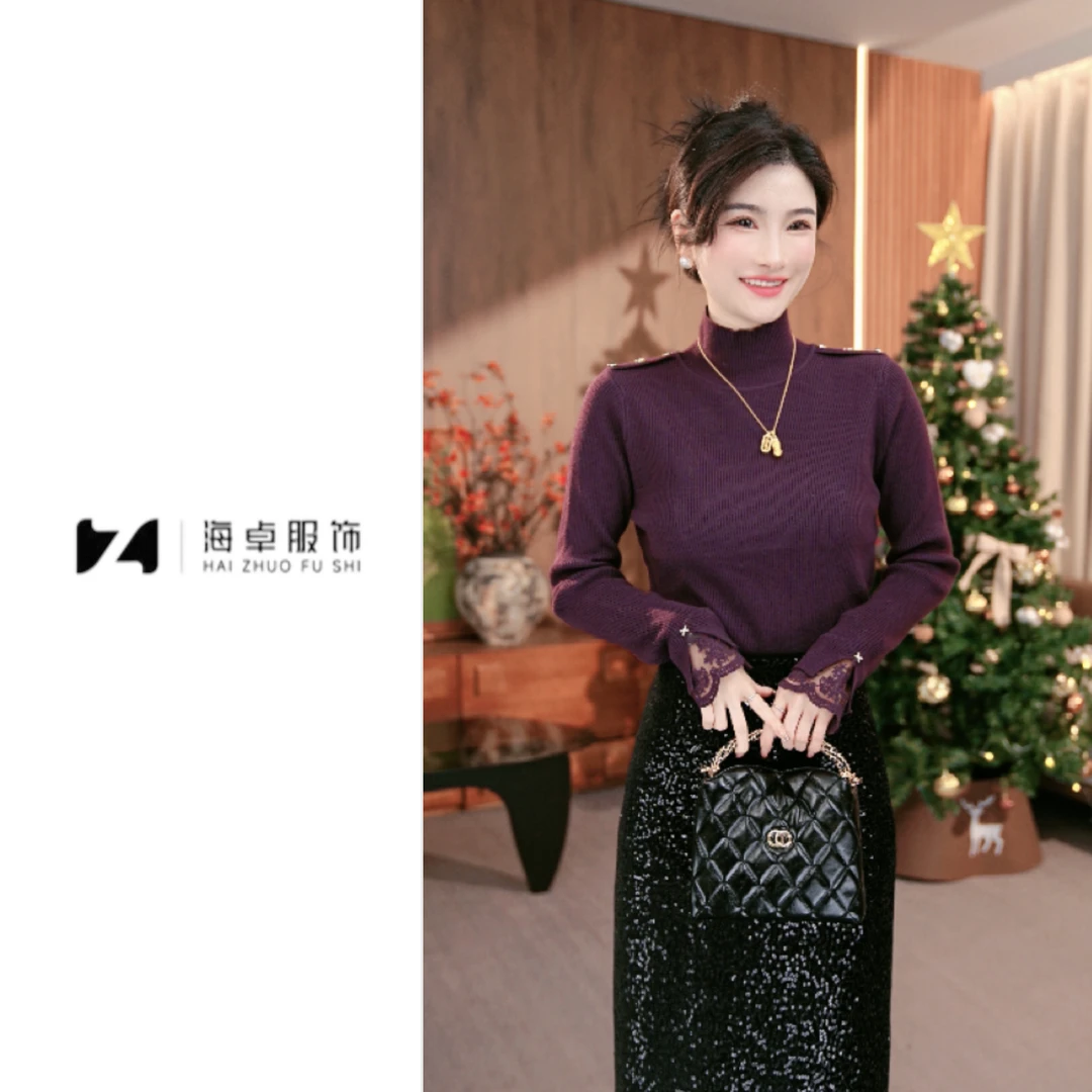 海卓～半高领毛衣打底衫女士内搭袖口蕾丝花边拼接针织上衣8183