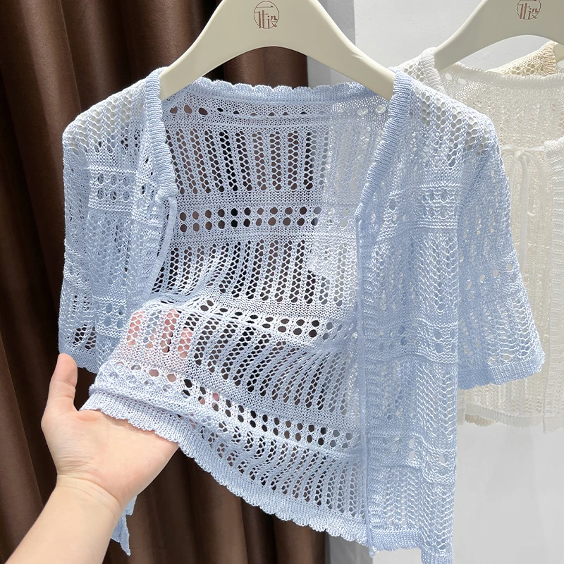 蓝色高端针织镂空开衫女外套配吊带裙外搭防晒系带圆领短袖小罩衫