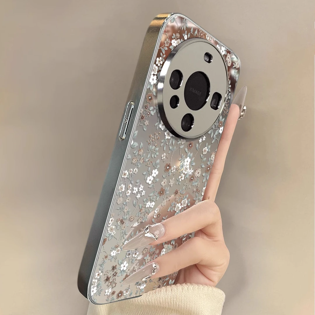 白棕碎花适用于华为mate70女款手机壳mate60电镀镜面镜头全包防摔