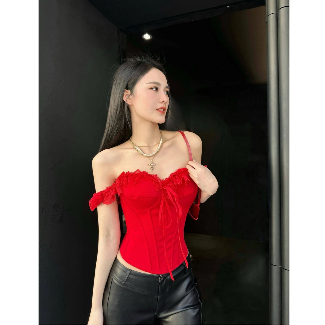 BETTER ME 蕾丝花边一字肩挂肩俩穿鱼骨抹胸修身背心显瘦露肩上衣