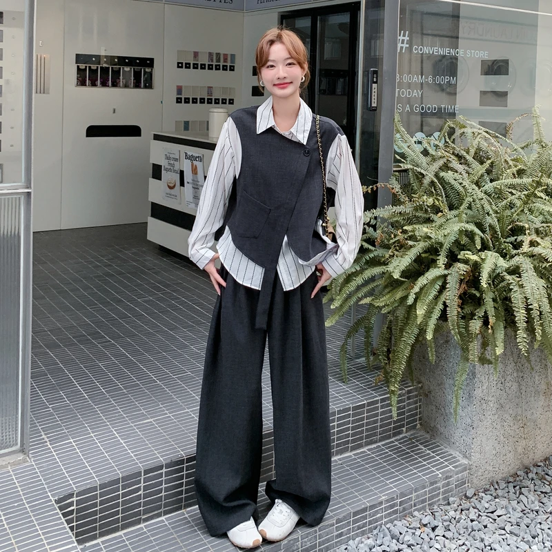 韩范设计感条纹假两件上衣阔腿裤套装女2025春秋款盐系气质两件套