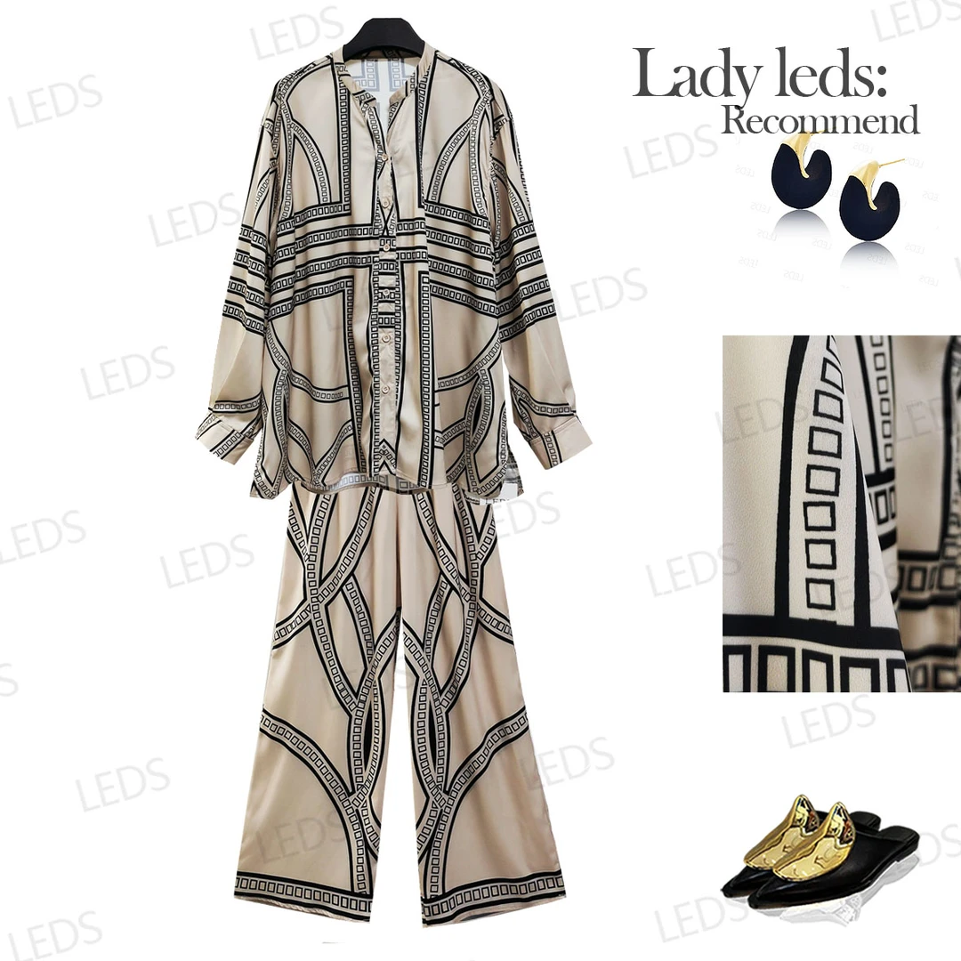LEDS  S670 夏季法式漫调几何线条宽松休闲套装