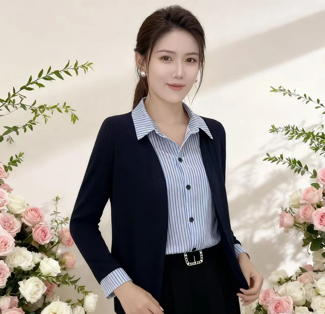路路红25182假两件常规秋季拼接百搭条纹衬衫女士气质长袖翻领