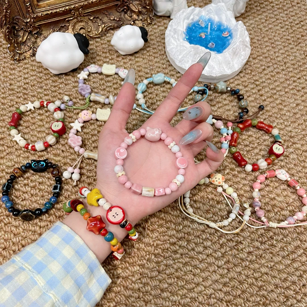 非金属陶瓷手链 重工编绳陶瓷可爱少女手工弹力女生叠戴手作