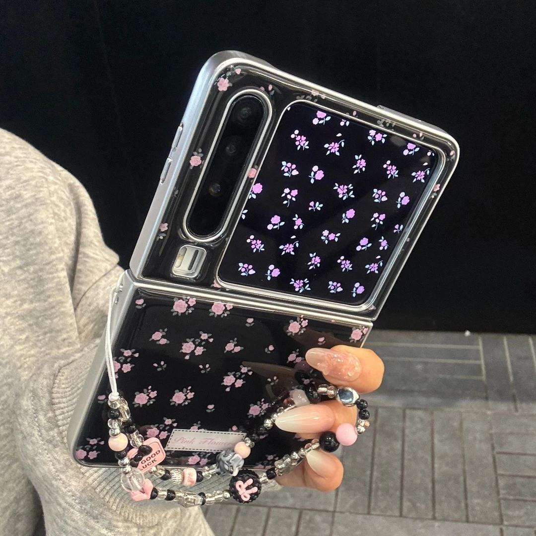 适用华为purax典藏版手机壳复古银边框pocket2黑底满屏粉碎花链条