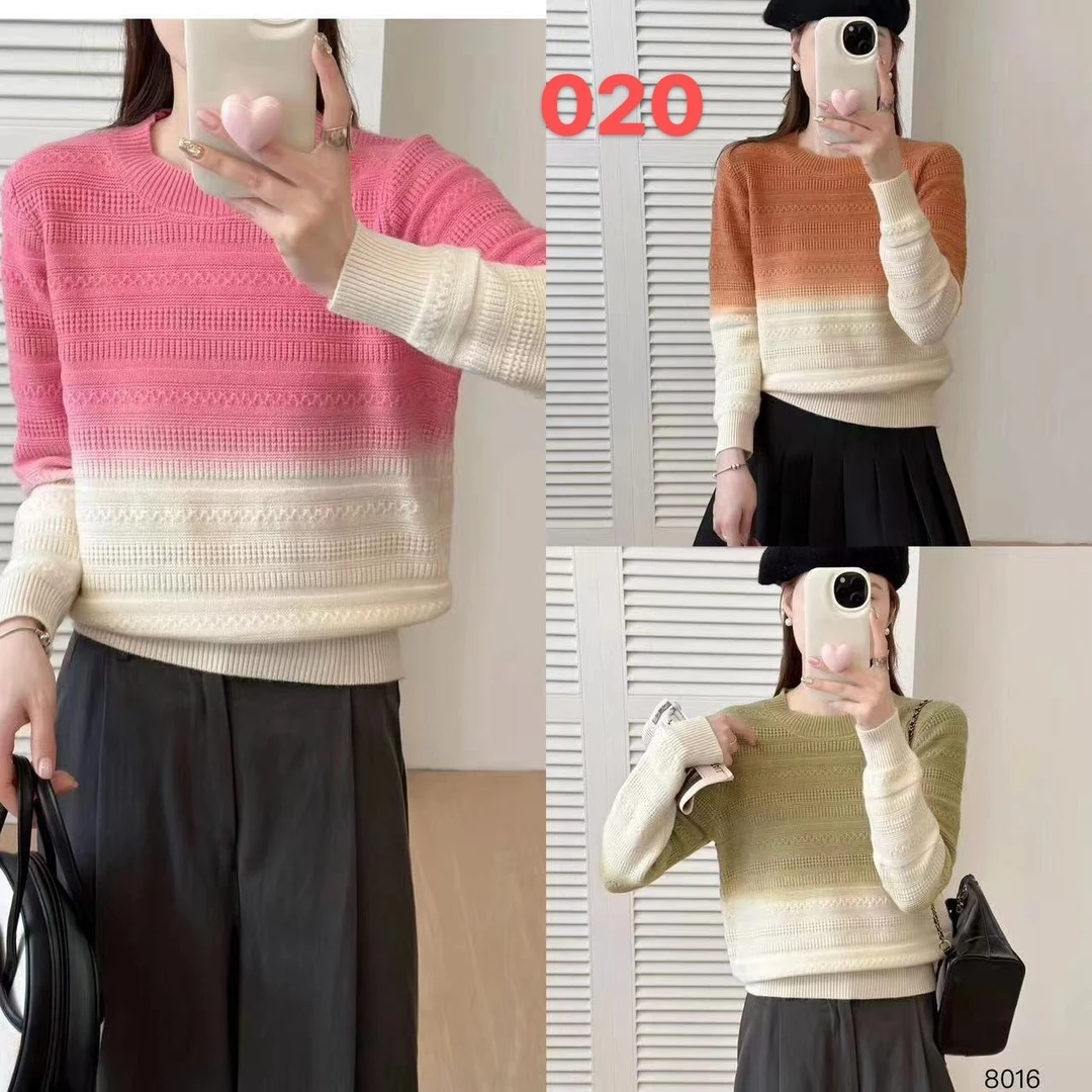 020圆领渐变色小条纹毛针织衫百搭洋气