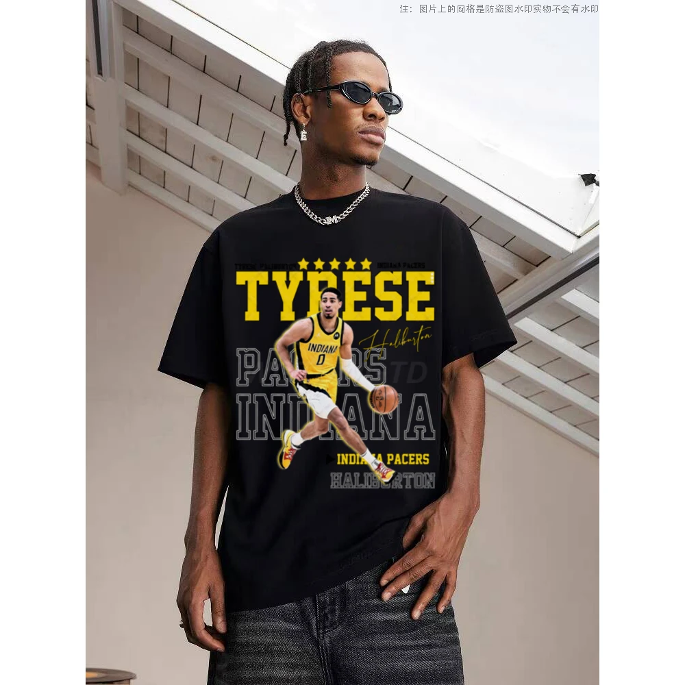 重磅纯棉短袖上衣休闲泰里斯哈利伯顿夏季男装复古直喷印花圆领