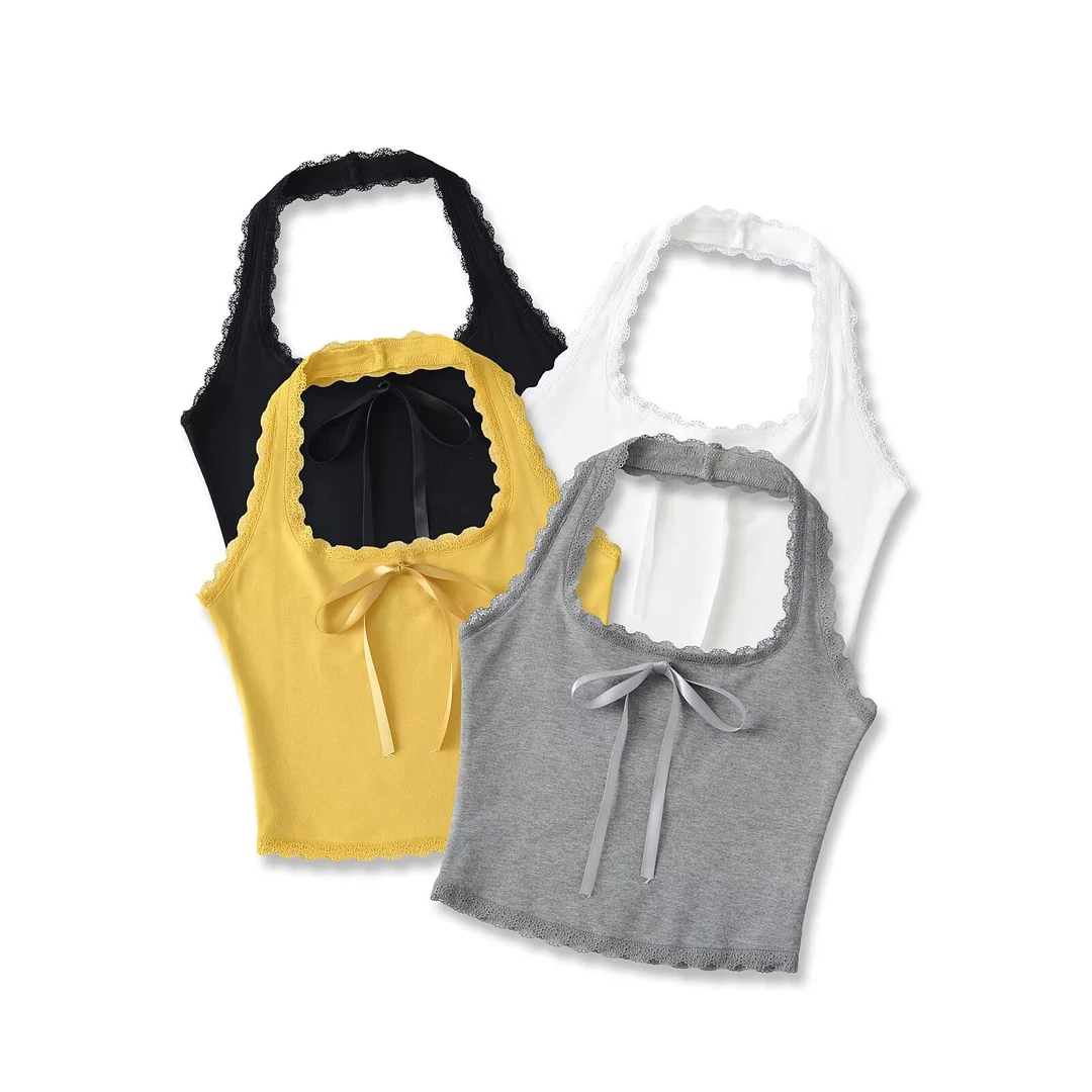 韩版背心女修身型修身蕾丝时尚显瘦针织百搭美背吊带蝴蝶结