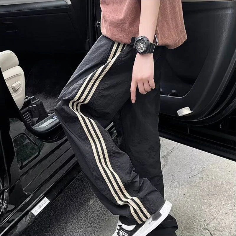 美式复古三杆条纹直筒裤男春秋季新款加肥加大码宽松百搭休闲长裤