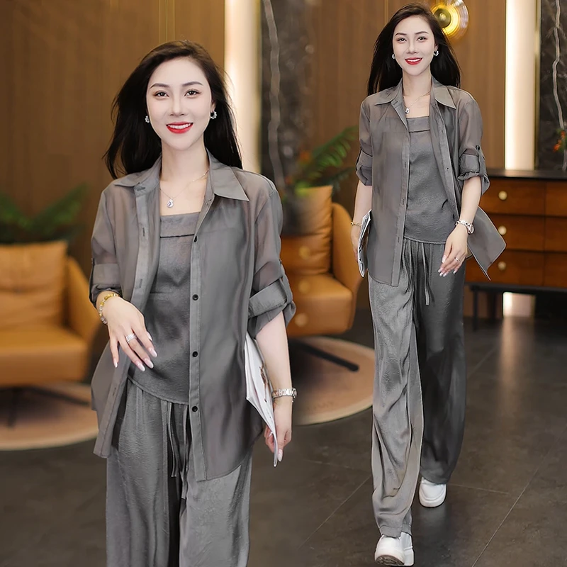 时尚洋气套装女2025夏季新款气质显瘦衣衬衫吊带阔腿裤三件套