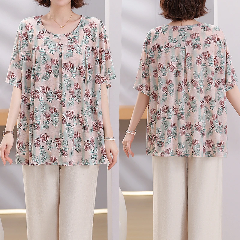 气质休闲中老年女上衣夏季大码宽松洋气时尚遮肚妈妈装短袖T恤