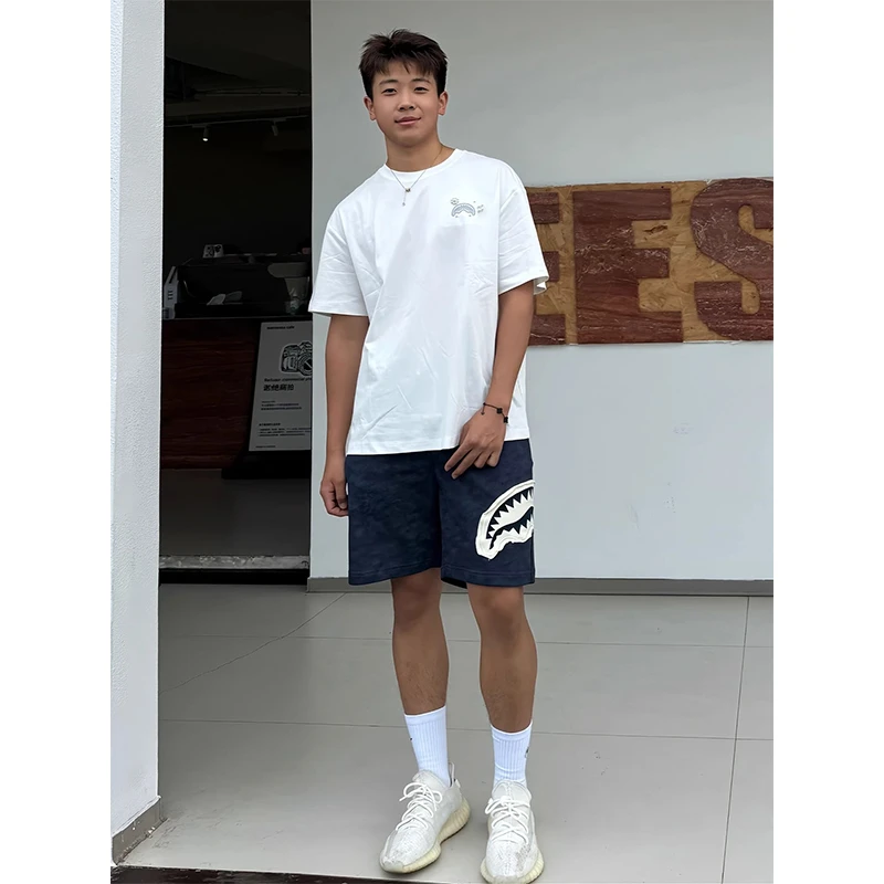 藏青色贴布鲨鱼嘴短裤男款夏季青少年篮球运动裤子美式休闲五分裤