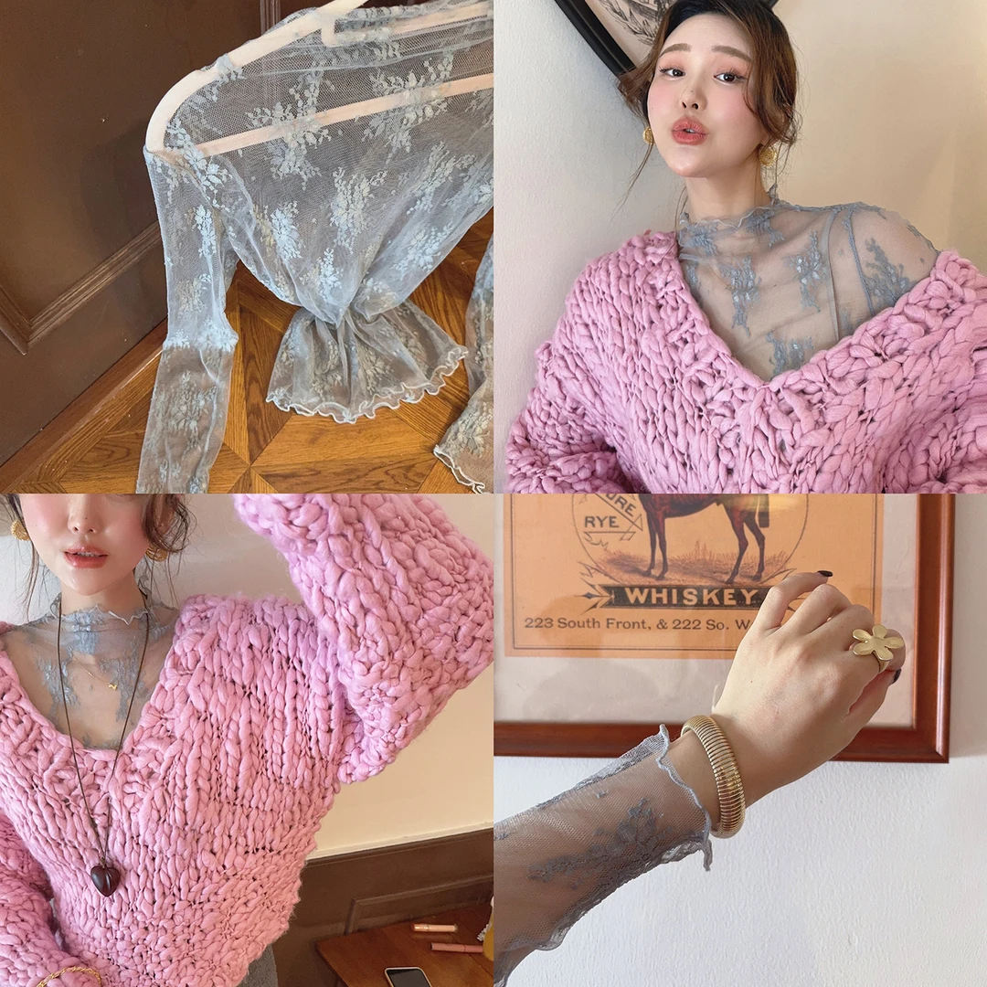 智英欧尼  NO退NO换 灰色内搭【半高领蕾丝上衣长袖网纱打底衫】