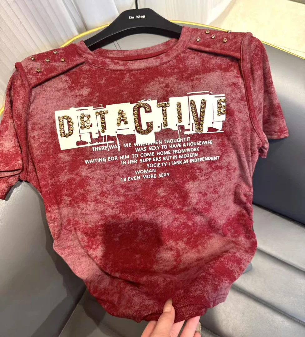 2025辣妹风短袖扎染T恤休闲红色半袖时尚女款潮流圆领夏季